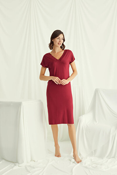 MONAMİSE Red Stylish Nightgown, Women's Lace Viscose Home Dress, V-Neck Drape...