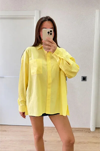 stelol Oversize Poplin Shirt with Pen Detail, Pockets and Slits - Yellow