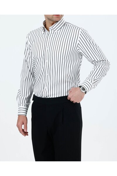 TerziAdemAltun Slim Fit Men's Striped Lycra Tie Collar Shirt Black T20059-01