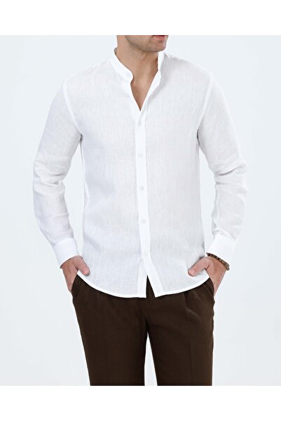 TerziAdemAltun Italian Style Slim Fit Men's Court Collar Linen Shirt White T2...