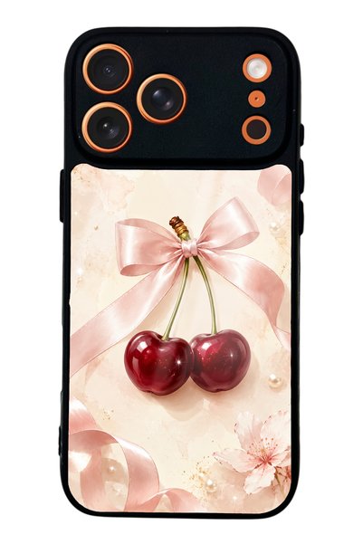 Spoyi iPhone 17 Pro Max Glossy Phone Case with Cherry Pearl Ribbon Design