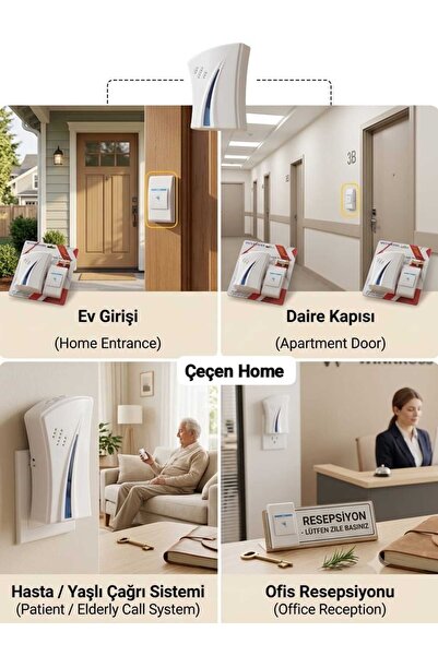 ÇEÇEN HOME Kablosuz Kapı Zili Ofis İşyeri Daire Girişi İçin Dijital Pilli Zil...