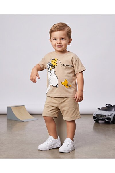 VOY KİDS Boy's Summer 1-2-3-4-5 Years Old Snoopy Printed Shorts T-Shirt 2-Pie...