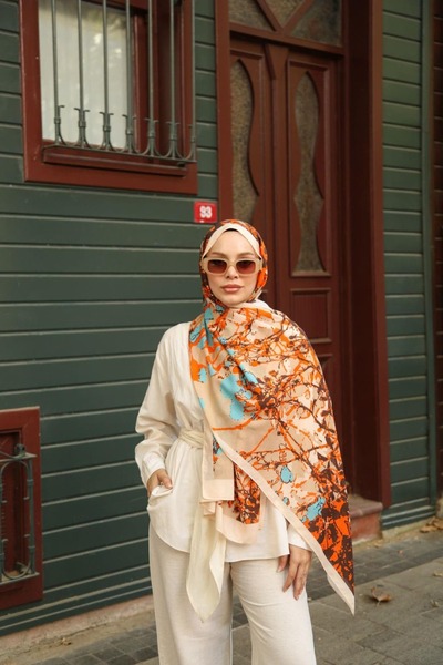 ENRİCO FERRİ Petra Brush Paint Pattern Shawl - Cream Orange
