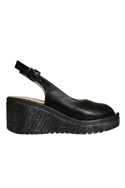 Platin Black Leather Women's Wedge Heel Sandals
