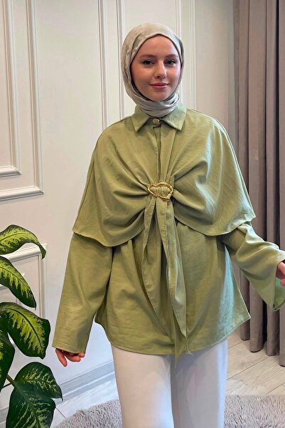 HİFADEN Kadın Drapeli Tokalı Panço Detaylı Oversize Uzun Kollu Tesettür Gömle...
