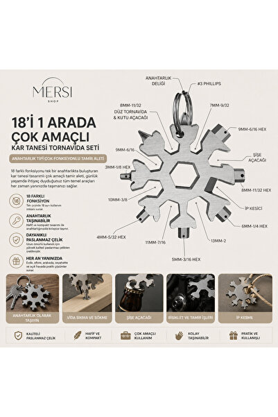 Mersi SHOP 18'i 1 Arada Çok Amaçlı Kar Tanesi Tornavida Seti | Anahtarlık Tip...
