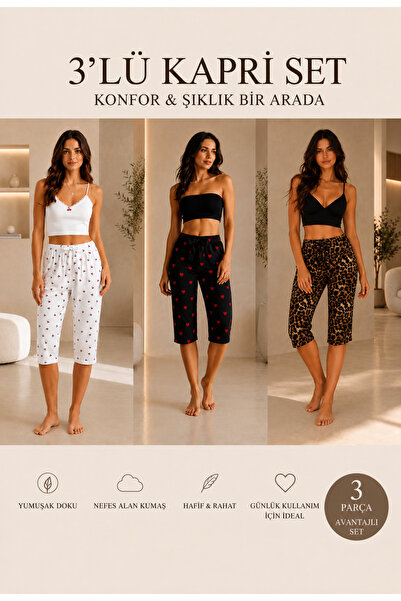 FISILTI COLLECTİON Kadın 3’lü Kapri Pijama Altı Seti Yumuşak Dokulu Günlük Ku...