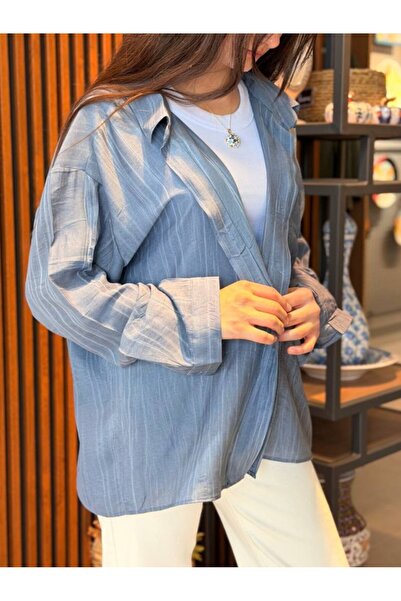 busanat Kadın İndigo Çizgili Oversize Dökümlü Salaş Poplin Gömlek