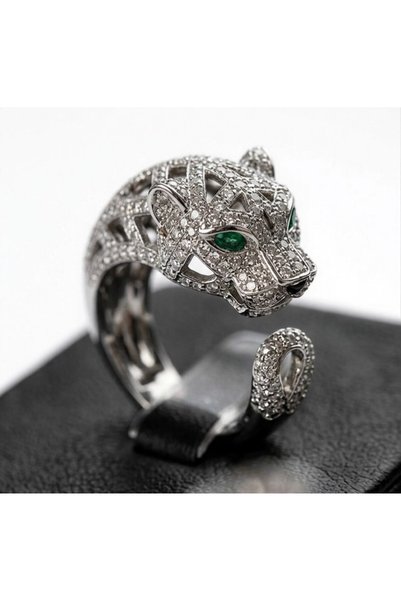KAYANCLICK Stainless Steel Tiger Design Ring with Green Eyes