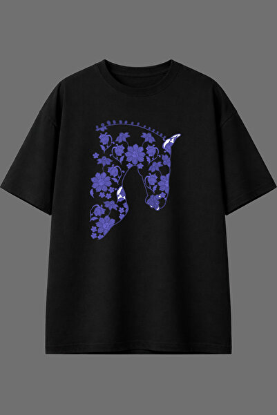 VSRN Tricou oversize negru cu imprimeu frontal cu design floral cu cai