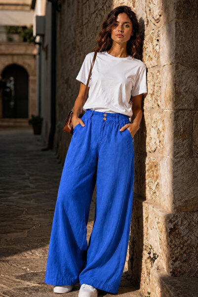 Denvy Denim Kadın Saks Mavisi Çift Düğme Detaylı Palazzo Pantolon