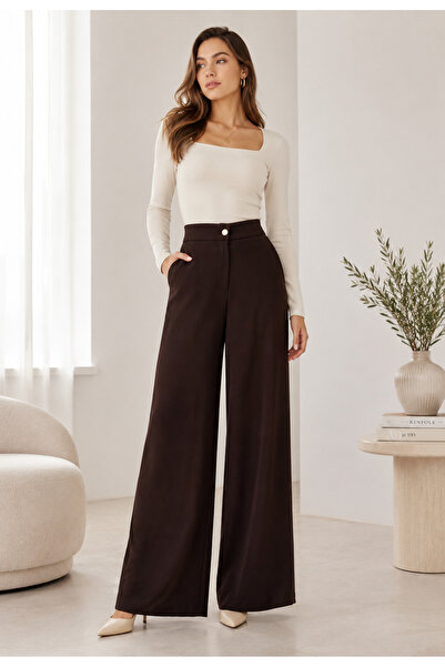 exxitcollection Elastic Waist Women's Brown Trousers Wide Leg Non-See-Through...