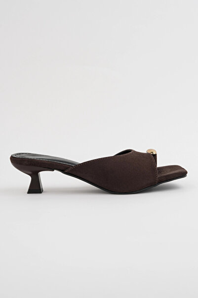 bakac store Liora Brown Suede Flip-Flop Short Heeled Slippers with Gold Detail