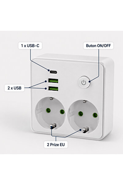 Fabrilux Priză Adaptor 5 în 1 cu Întrerupător, 2 Prize Schuko EU, 2 Porturi USB + 1 USB-C, Încărcare Multiplă pentru Casă și Birou