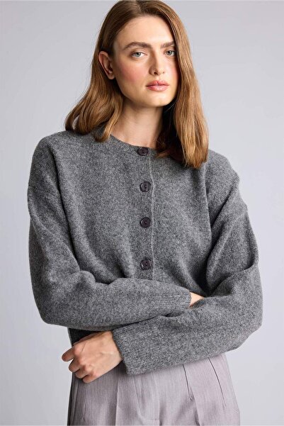 DeFacto Regular Fit Crew Neck Anthracite Cardigan H2445Ax26Wn