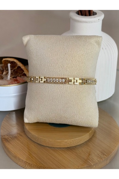 ANKA JEWELLRY سوار نسائي من الفولاذ الذهبي مزين بحجر الزركون الهندسي
