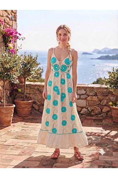 AYASOFYA OTANTIK Women's Indian Embroidered Lined Long Strap Dress
