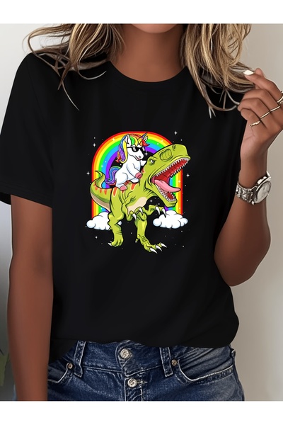 En22 Cute Dinosaur Mama Print Short Sleeve T-Shirt, Round Neck Casual Top for...