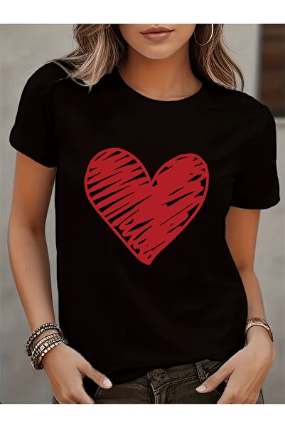 212Wear تي شيرت بأكمام قصيرة مطبوع عليه Love Heart، تي شيرت كاجوال برقبة دائر...