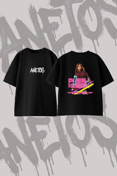 Anetos تي شيرت Pink Pantheress_1 مصنوع من القطن الأسود المطبوع على الظهر بتصم...