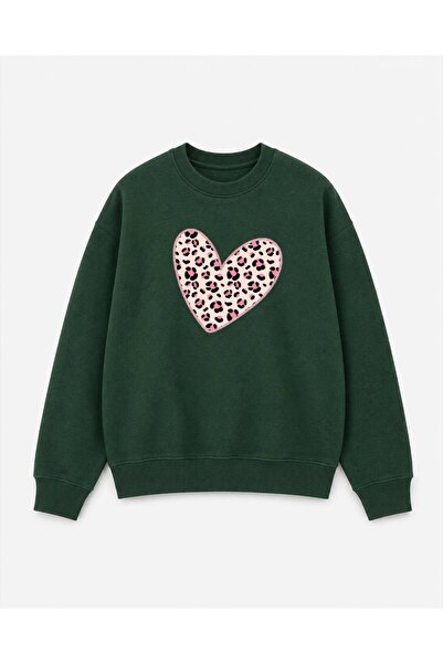 Birdirbir Kız Çocuk Leopar Kalp Baskılı Bisiklet Yaka Sweatshirt
