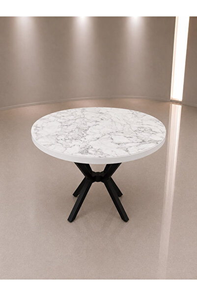 METALFROMPRO Luna Yuvarlak Yemek Masası 90 cm Traverten Desenli MDF Tabla Siy...