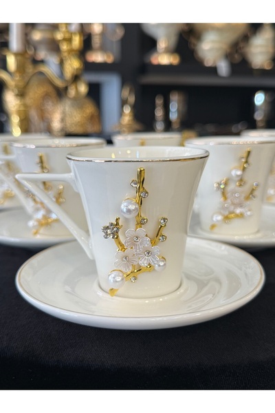 LOKMAN ZÜCCACİYE SHOWROOM 6-Piece Cup Set with Pearl Bronze and Gold Detail, ...