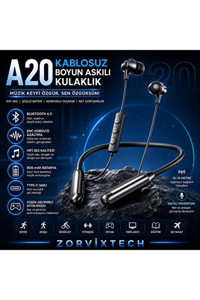 A20 Kablosuz Boyun Askılı Kulaklık Bluetooth HiFi Ses Type-C Şarjlı Mikrofonlu