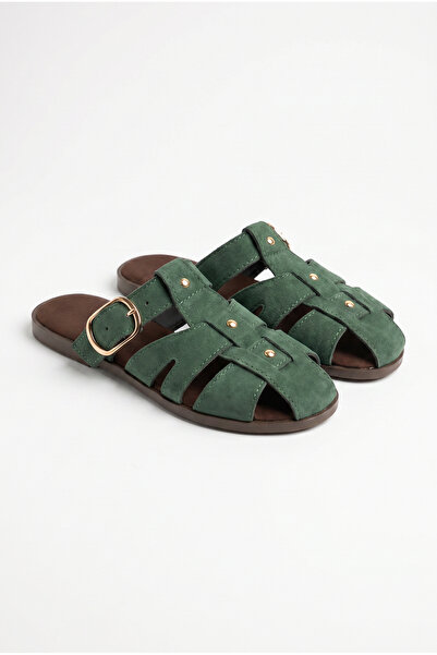 Bianco Lucci Women's Suede Gold Buckle Belt Strap Flat Sole Slippers 50021004