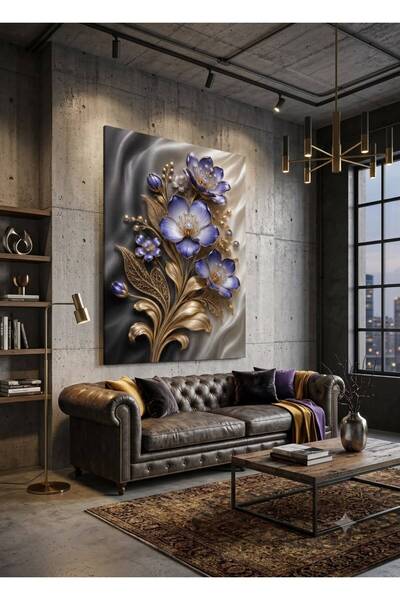 zeyrada Premium 3D Efektli Özel Tasarım Altın Varaklı Mor Çiçek ve Kristal De...