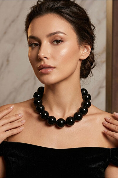 bb bridal boutique Siyah Büyük Cam İnci Top Kolye, Abiye Kolye, Choker Kolye,...