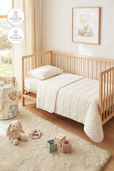 Ocean Home Textile 100% Cotton Fabric Quilted Ecru Multi-Purpose Baby Bedspre...