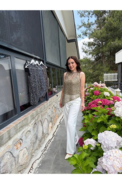 SERENCE BOUTİQUE Payetli Asimetrik Atletli File Bluz-Haki
