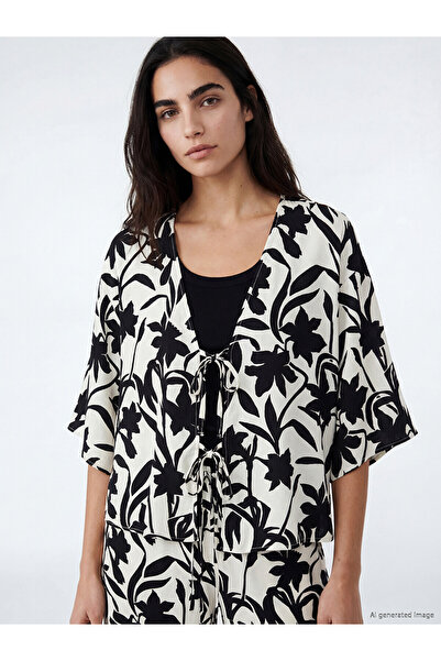 LC Waikiki Peak New Season V-Neck Patterned Tie-Up Women's Kimono