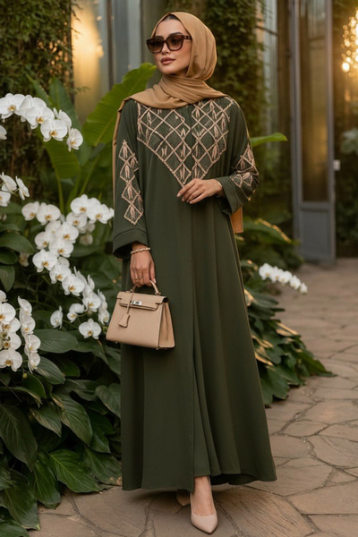 Neva Style V Embroidery Detailed Belted Khaki Hijab Robe 29146Hk