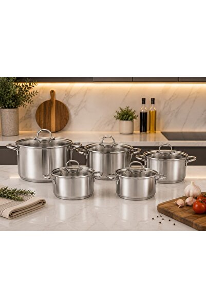 SASTECH Akyildiz Luna Collection 10 Piece Steel Cookware Set — 18/10 Stainles...