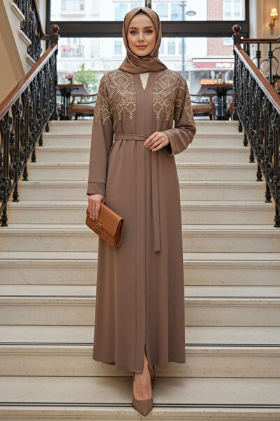 Neva Style Symmetrical Embroidery Detailed Belted Light Brown Hijab Robe 2914...