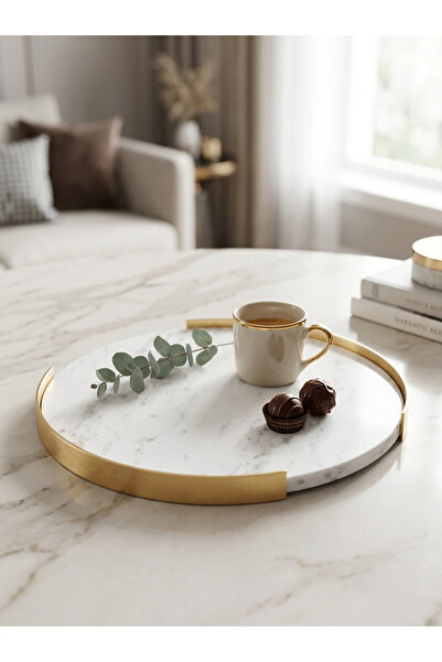 Adeem 30cm Round White Marble Serving Tray with Gold Rim
