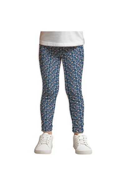 KİAGU Girls' Leggings Indigo White Floral Pattern Stretchy Fabric 100% Cotton Leggings Cotton Casual Leggings 2-13 Years