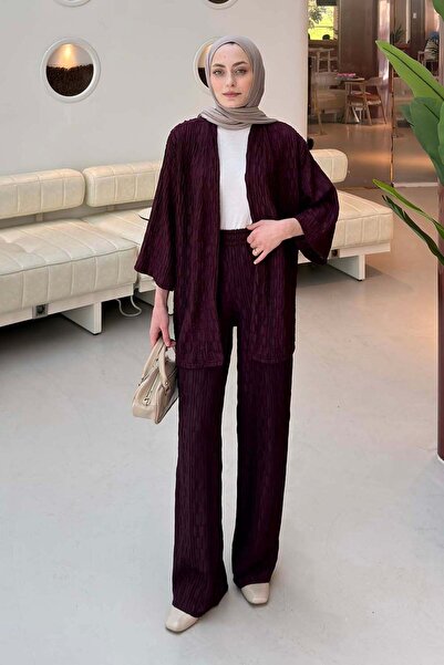 lamelif Raschel Kimono Set Plum