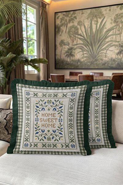 Evimde Bambaşka Sweet Home Floral Plaid Fringed Pillowcase - Country Floral C...