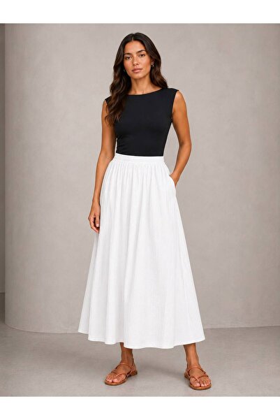 Rouge basıc Self-Striped Waist Elasticized Long Skirt with Pockets