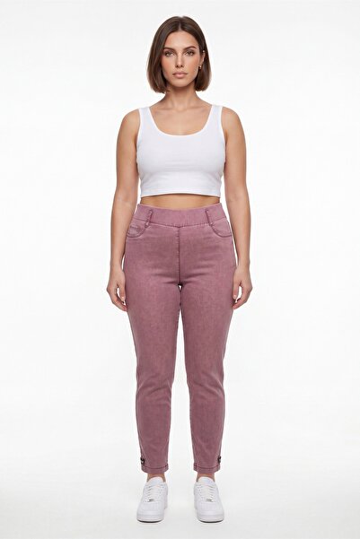 EXİTLİNE Women's Burgundy Summer High-Waisted Trousers with Embroidered Cuffs...