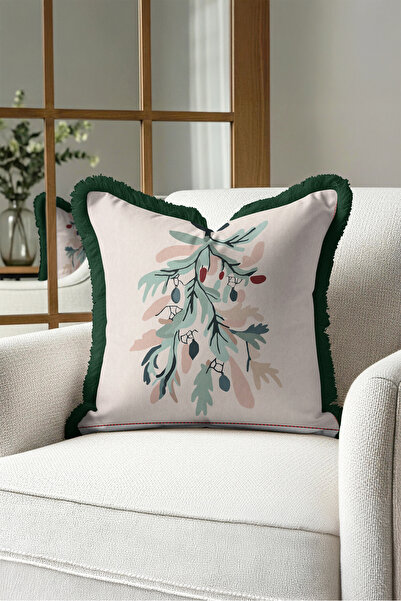 Evimde Bambaşka Botanical Leaf Pattern Elegant Fringe Pillowcase - Abstract N...