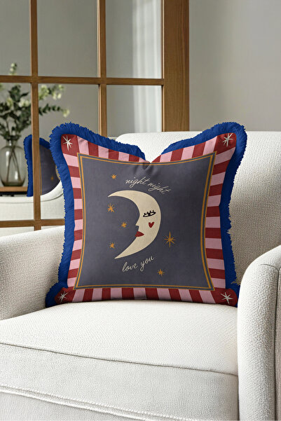 Evimde Bambaşka Moon Star Night Striped Fringed Pillowcase - Romantic Sky Gra...