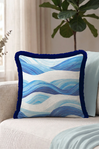 Evimde Bambaşka Stylish Fringed Pillowcase with Wave Sea Motif - Abstract Mar...