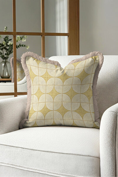 Evimde Bambaşka Fringed Pillowcase with Geometric Circle Motif - Art Deco Cha...