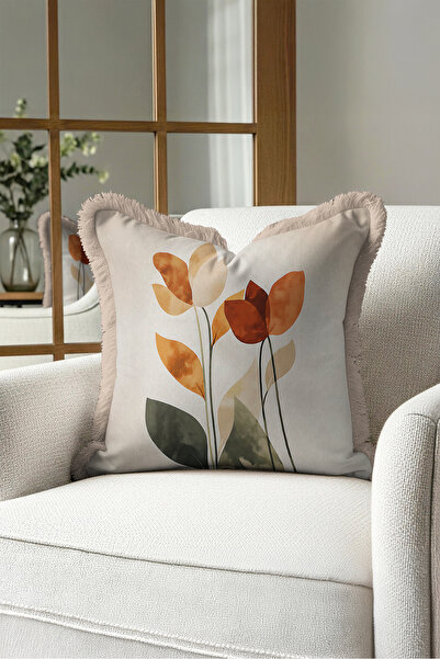 Evimde Bambaşka Elegant Botanical Fringed Pillowcase with Abstract Floral Pat...