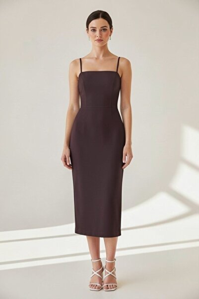 ENDAMIM Square Neck Scuba Midi Dress Slim Fit Slit Zipper Wedding Wedding Wom...